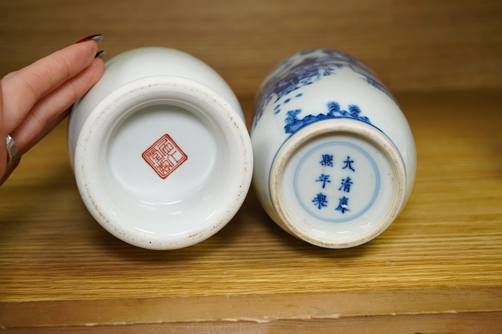 A Chinese blue and white vase and an enamelled figurative porcelain example, tallest enamel vase 29cm high. Condition - good